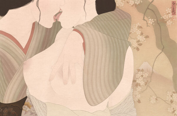 An image of a sensual and erotic Shunga painting by Swedish artist Senju. It depicts two young women kissing beneath the sakura cherry trees in view of Mount Fuji. Part of a series of 36 prints celebrating Hokusai's masterpiece Ukiyoäe series 36 Views of Mount Fuji.
