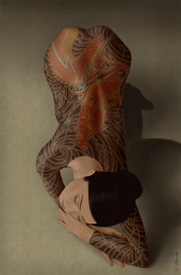 A beautiful erotic and sensual painting by Senju . It depicts a nude Japanese female wearing a traditional Japanese full body Irezumi tattoo showing a ryu, dragon, descending from thunderclouds and surrounded by blue lightning. It is a celebration of the work by Japanese photographer Masato Sudo. Painted in Bijinga style.