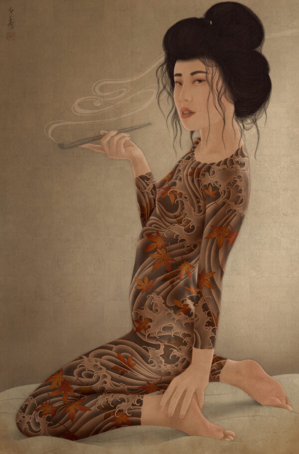 Irezumi bijinga painting by Senju. A beautiful Japanese nude female is wearing a traditional Japanese Horimono tattoo, depicting momiji (maple leaves) in water.