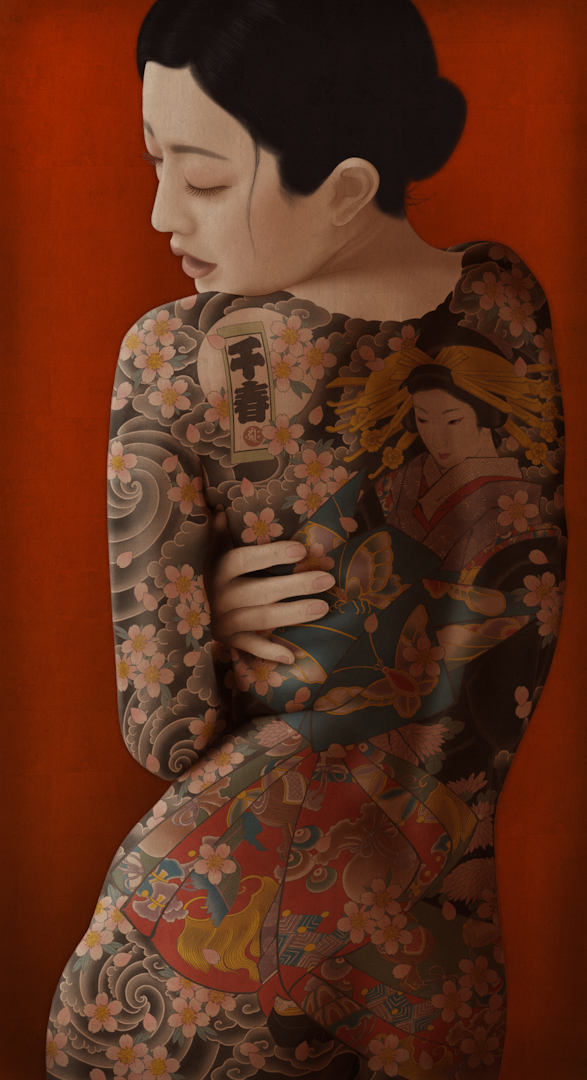 A sensual and erotic irezumi bijinga painting by Senju. It shows a beautiful, nude japanese woman wearing a full bodysuit traditional japanese tattoo of a highranking Yoshiwara courtesan with falling sakura cherry blossoms