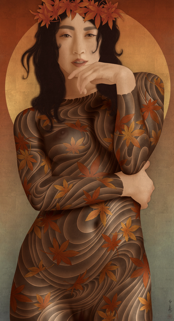 A bijinga painting by artist Senju depicting Tatsutahime, the Japanese shinto goddess of autumn. She is a beautiful female nude wearing a full bodysuit traditional Japanese irezumi tattoo of water and momiji (autumn leaves).